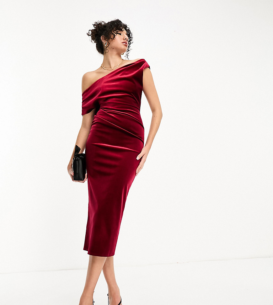 Asos Tall Asos Design Tall Velvet Fallen Shoulder Pleat Back Midi Dress In Burgundy-red