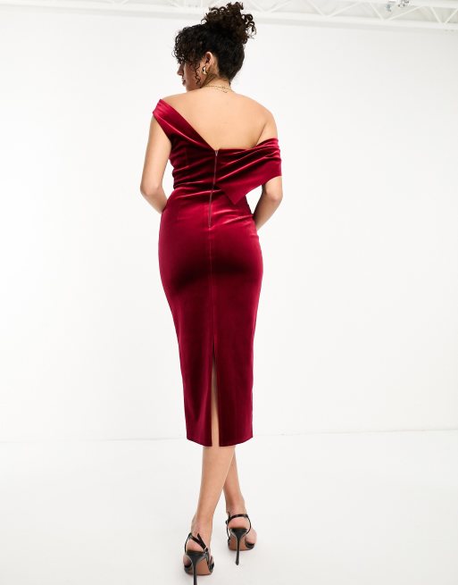 Asos design pleated shop velvet bardot midi dress