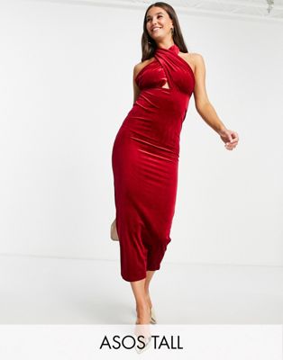ASOS DESIGN Tall velvet halter cross front maxi dress in red