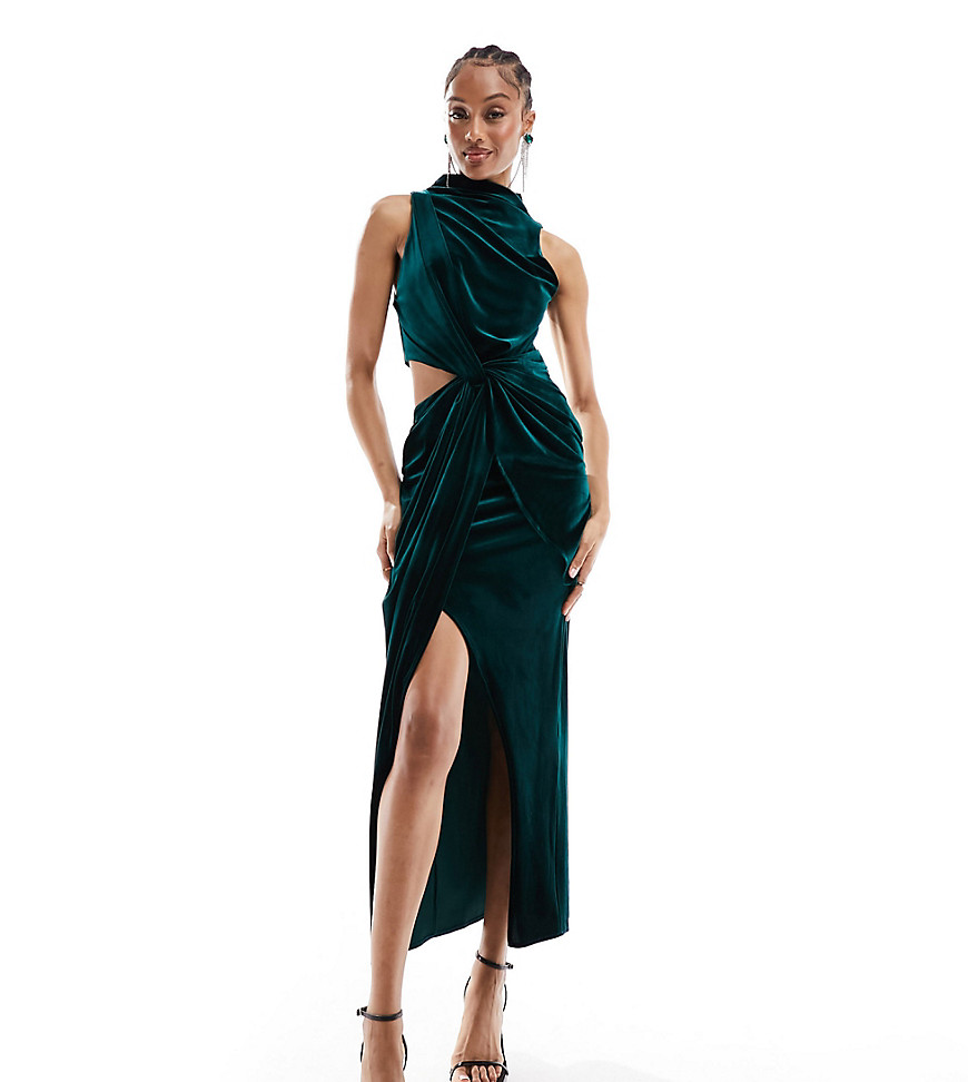 Asos Tall Asos Design Tall Velvet High Neck Drape Minimal Cut Out Midi Dress In Bottle Green
