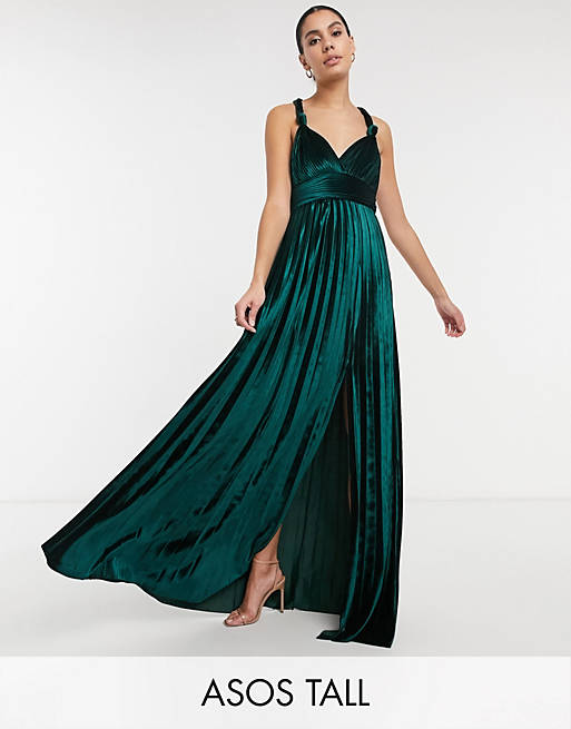 Dresses Tall velvet knot pleated maxi dress in forest green 