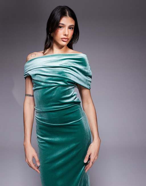ASOS DESIGN Tall velvet midi dress with fallen shoulder in teal, 2 of 4