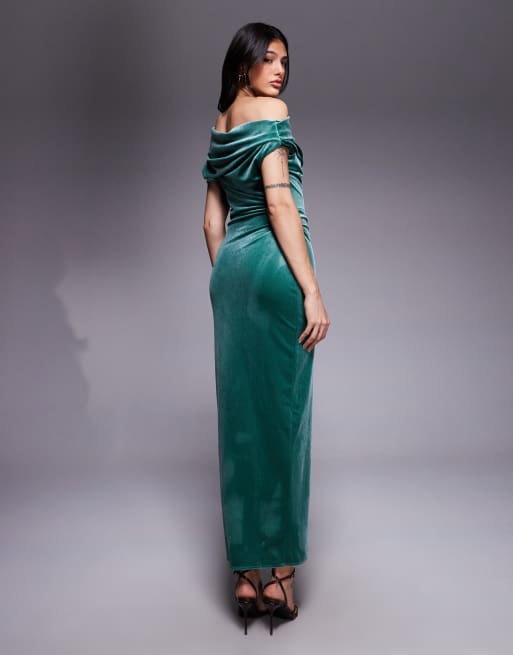 ASOS DESIGN Tall velvet midi dress with fallen shoulder in teal, 3 of 4