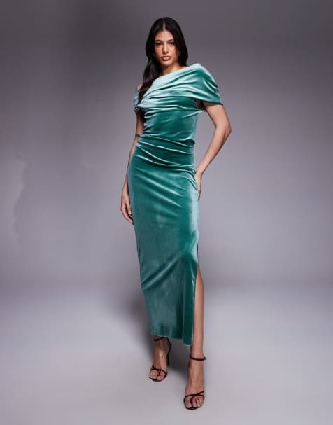 ASOS DESIGN Tall velvet midi dress with fallen shoulders in teal - view 1