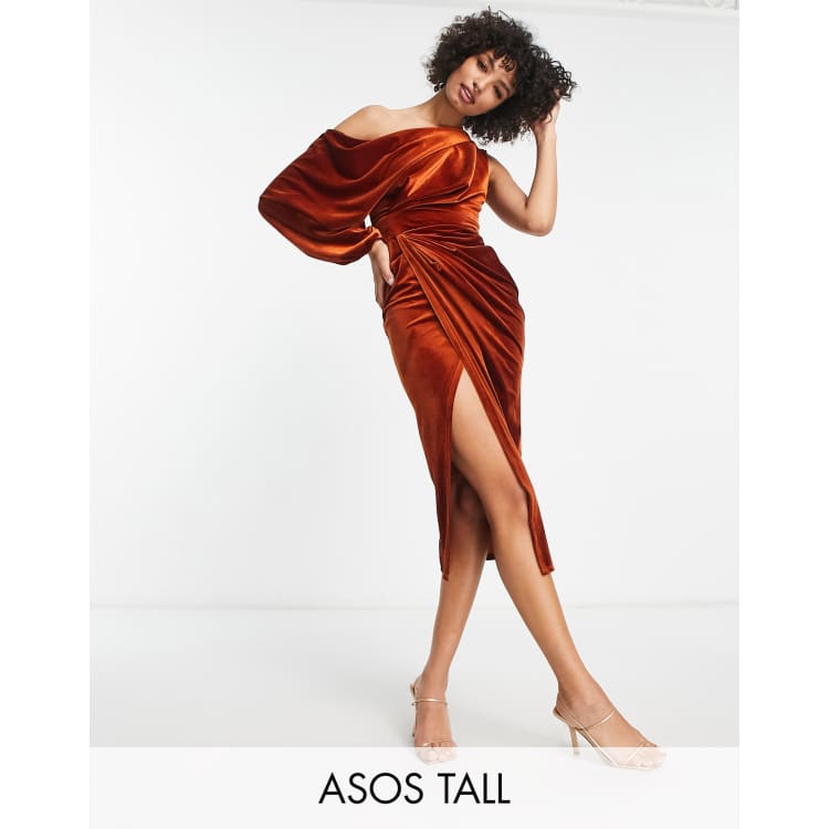 ASOS DESIGN Tall velvet one shoulder draped midi pencil dress in