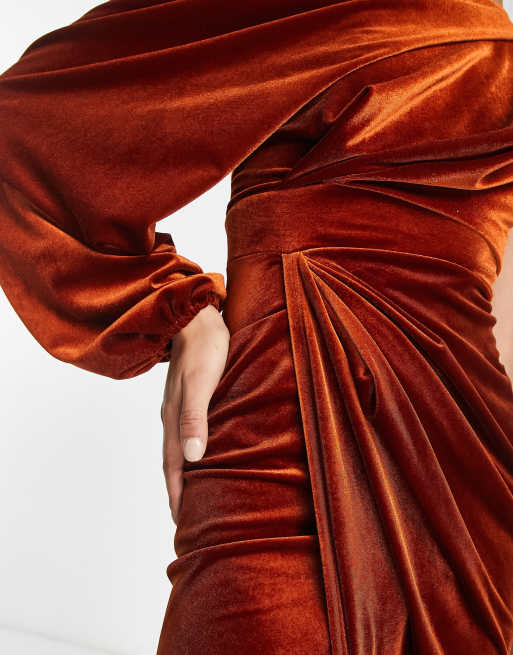 ASOS DESIGN Tall velvet one shoulder draped midi pencil dress in rust | ASOS