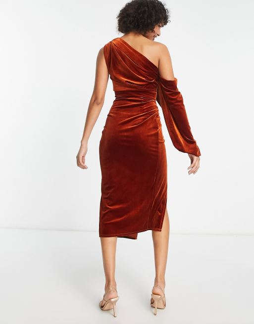 ASOS DESIGN Tall velvet one shoulder draped midi pencil dress in rust, 3 of 4
