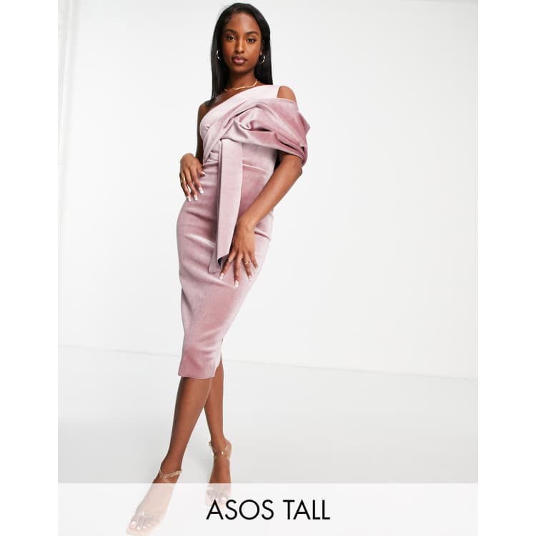 ASOS DESIGN Tall velvet peekaboo shoulder tuck midi pencil dress 