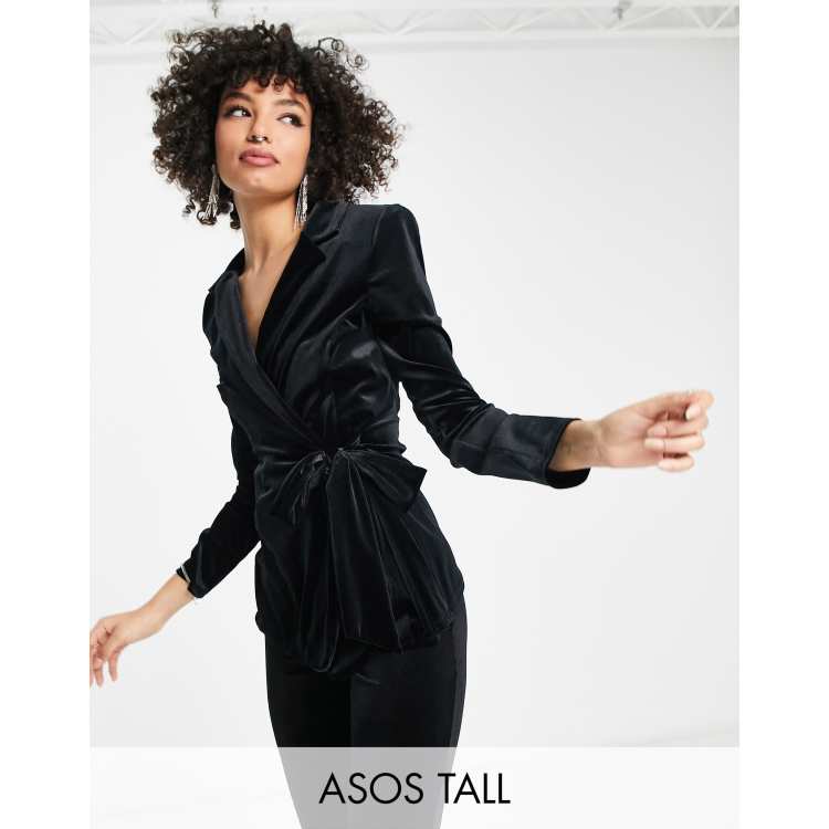 ASOS DESIGN Tall velvet suit blazer with side wrap belt in black