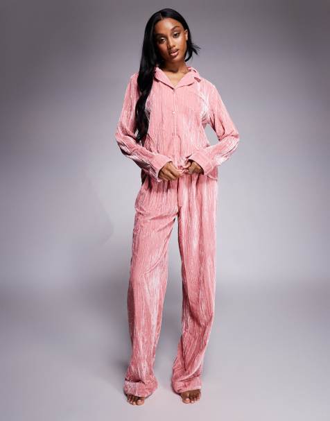 ASOS DESIGN Tall velvet texture pajama set in pink - view 1