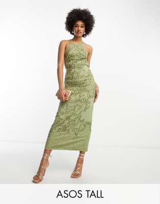 ASOS DESIGN Tall - Verziertes Midikleid in Khaki mit Racerausschnitt und spiegelnden Perlendetails-Grün