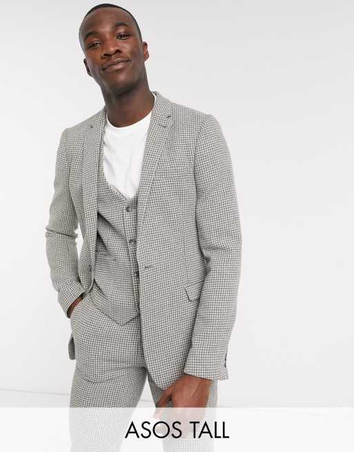 ASOS DESIGN Tall - Veste de costume de mariage super ajustée en laine mélangée à petit motif pied-de-poule - Gris