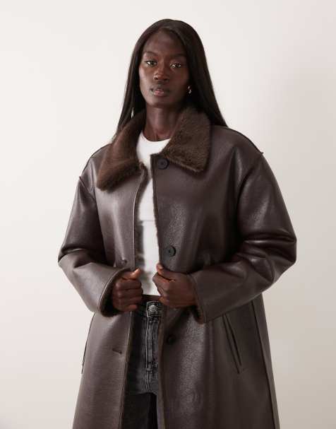 ASOS DESIGN Tall veste longue en peau retournée avec doublure en fausse fourrure marron foncé - view 1