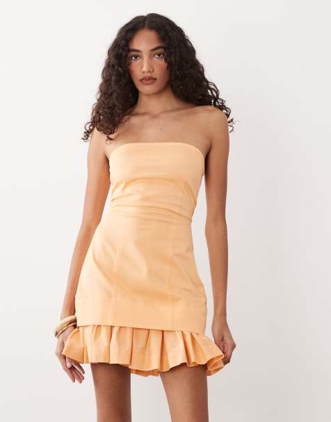ASOS DESIGN Tall - vestido corto de verano bandeau estructurado de algodón con bajo de volante en naranja spritz - view 1
