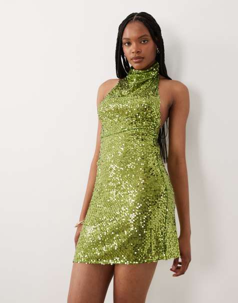 ASOS DESIGN Tall - Vestido corto verde con cuello halter de tejido transparente con lentejuelas dispersas - view 1