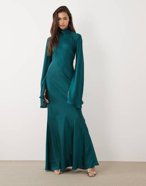 ASOS DESIGN Tall - Vestido largo azul cerceta con abertura en las mangas y detalle de fular de satén - view 1