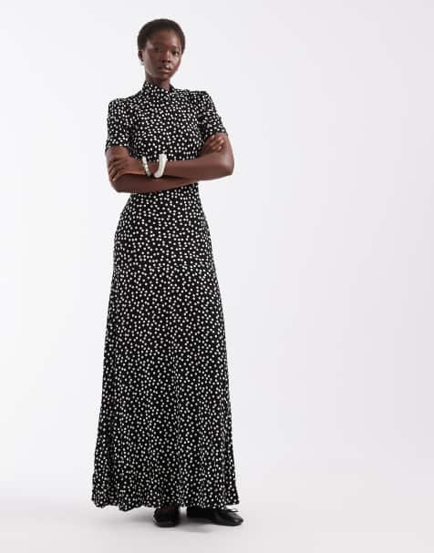 ASOS DESIGN Tall vestido largo de manga corta con cuello alto y estampado de lunares en monocromo - view 1