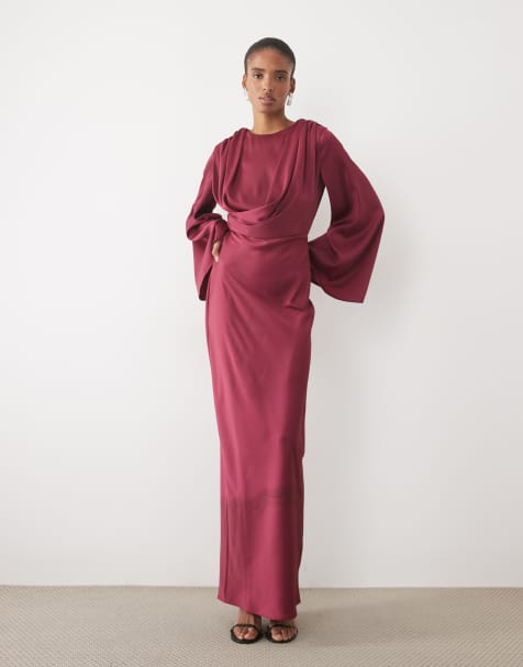 ASOS DESIGN Tall vestido largo drapeado con mangas acampanadas Modest en frambuesa - view 1