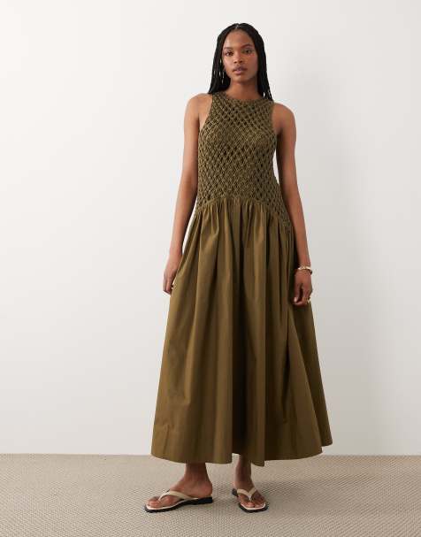 ASOS DESIGN Tall - Vestido largo verde oliva de macramé con cintura baja y falda de popelina - view 1