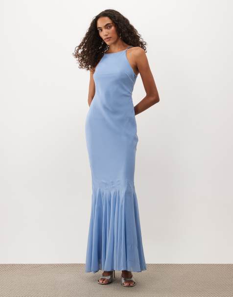 ASOS DESIGN Tall - Vestido maxi sin mangas de gasa con bajo godet en azul - view 1