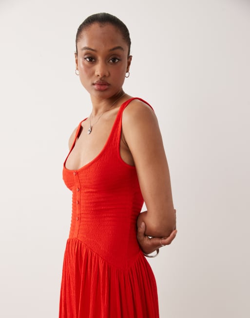 ASOS DESIGN Tall vestido midi arrugado con botones en rojo, 3 de 4