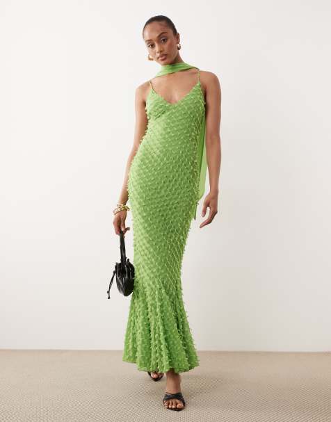 ASOS DESIGN Tall - Vestido verde de tirantes escotado de corte al bies con godets amplios y detalle de fular - view 1
