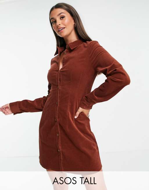 ASOS DESIGN Tall - Vestito camicia attillato in velluto a coste, color ruggine