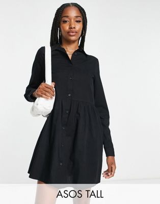 ASOS DESIGN Tall cotton mini smock shirt dress in black - ASOS Price Checker