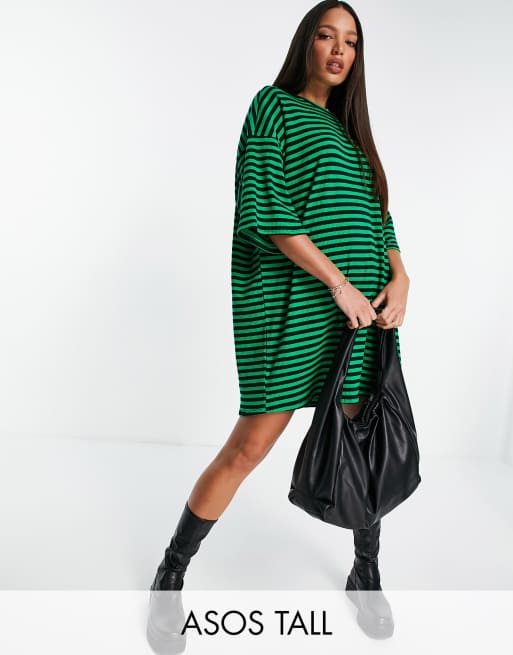 ASOS DESIGN Tall - Vestito camicia oversize con costine piccole a righe verde acceso e nero
