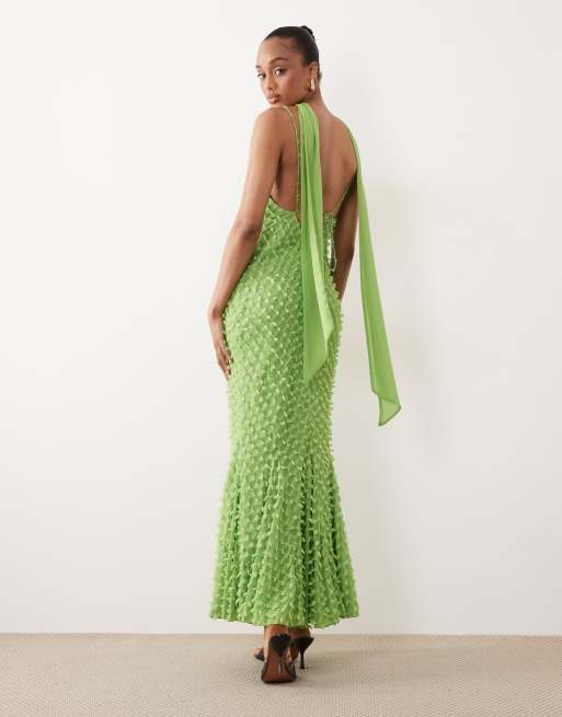 ASOS DESIGN Tall - Vestito con spalline sottili e scollo profondo verde con godet e foulard, 4 di 4