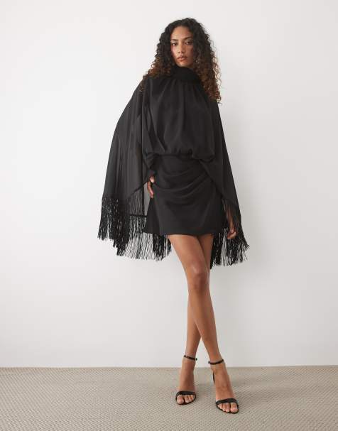 ASOS DESIGN Tall vestito corto con spalline imbottite, collo annodato e maniche con frange nero - view 1