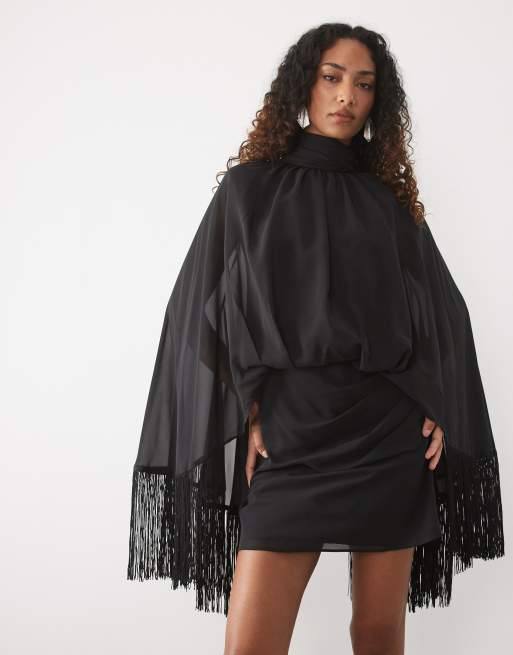 ASOS DESIGN Tall vestito corto con spalline imbottite, collo annodato e maniche con frange nero, 2 di 4