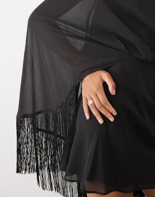 ASOS DESIGN Tall vestito corto con spalline imbottite, collo annodato e maniche con frange nero, 3 di 4