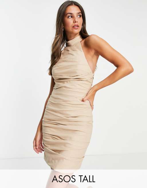 ASOS DESIGN Tall - Vestito corto in lino a pieghe allacciato al collo con laccetti sul retro