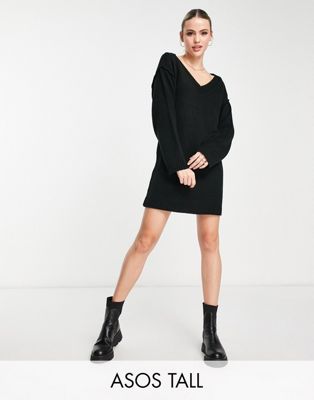 ASOS DESIGN Tall knitted mini dress with v neck in black - ASOS Price Checker