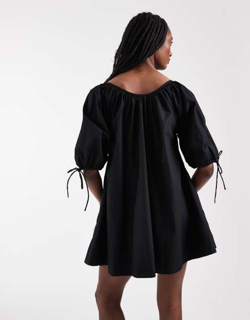 ASOS DESIGN Tall - Vestito corto in popeline nero con scollo rotondo e maniche allacciate, 4 di 4