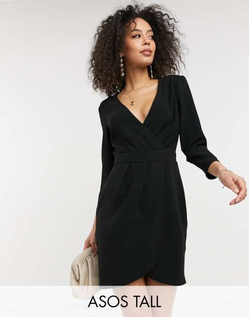 ASOS DESIGN Tall - Vestito corto nero con gonna a portafoglio