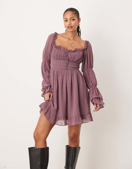 ASOS DESIGN Tall - Vestito corto stile milkmaid a maniche lunghe con arricciatura in vita in plumetis color malva