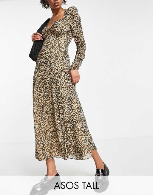 ASOS DESIGN Tall - Vestito da giorno midi animalier con scollo squadrato e arricciatura con bottoni sul davanti