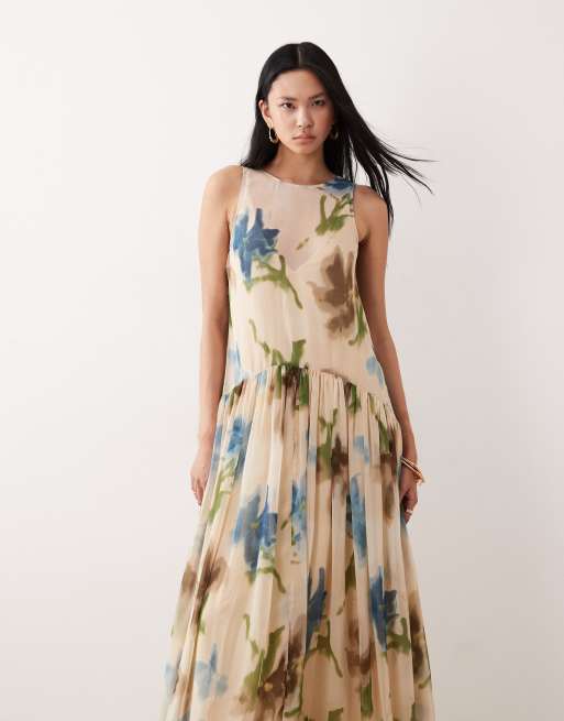 ASOS DESIGN Tall - Vestito grembiule lungo con scollo a vogatore rosa a fiori, 3 di 4