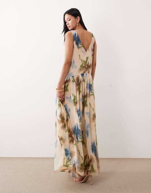 ASOS DESIGN Tall - Vestito grembiule lungo con scollo a vogatore rosa a fiori, 4 di 4