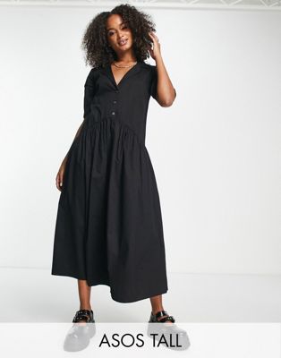 ASOS DESIGN Tall twill collared button midi smock dress in black - ASOS Price Checker