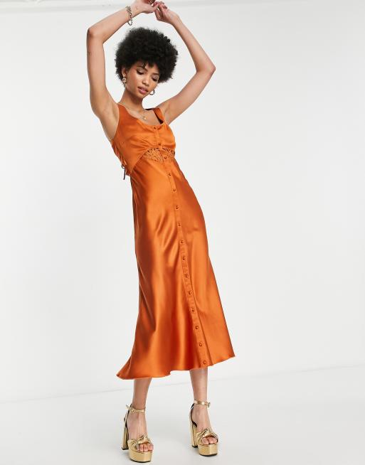 ASOS DESIGN Tall Vestito longuette in raso color ruggine con taglio asimmetrico laccetti e bottoni