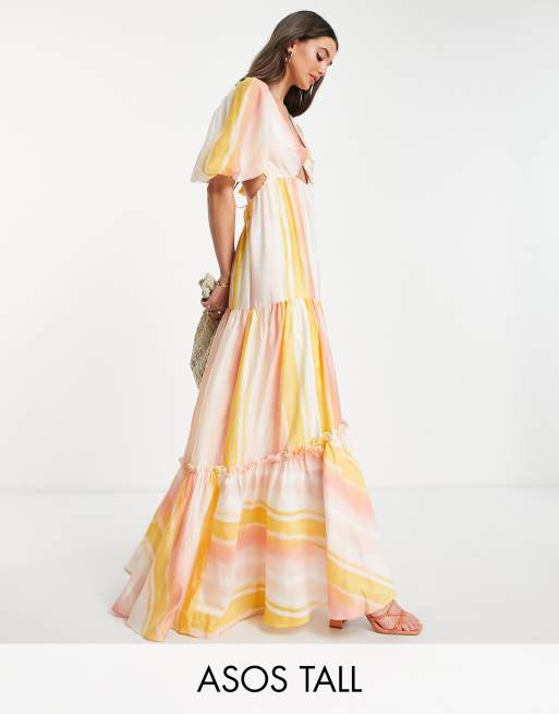 ASOS DESIGN Tall - Vestito lungo a balze in voile con intreccio frontale a righe 
