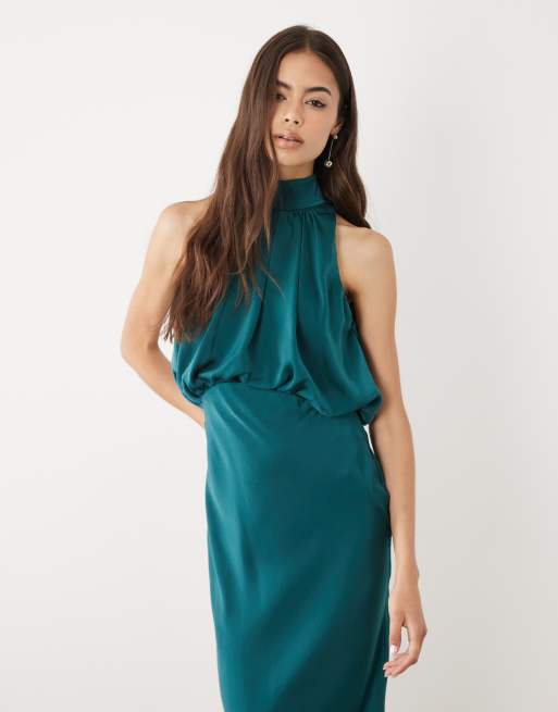 ASOS DESIGN Tall - Vestito lungo a campana in raso blu ottanio allacciato al collo, 2 di 4
