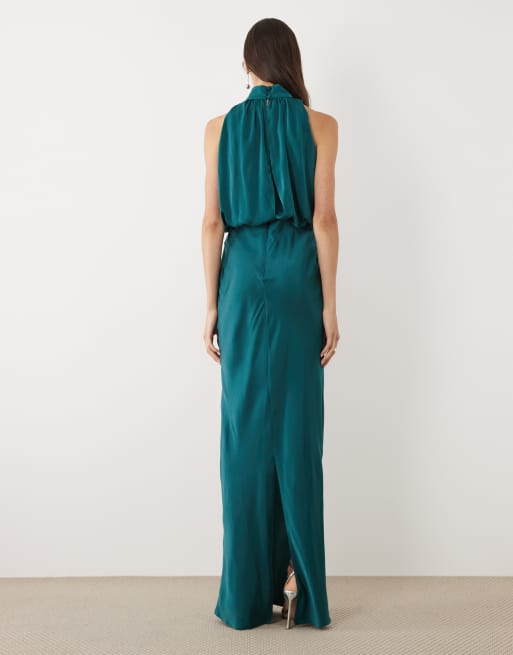 ASOS DESIGN Tall - Vestito lungo a campana in raso blu ottanio allacciato al collo, 4 di 4