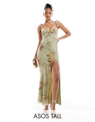 FhyzicsShops DESIGN Tall - Vestito lungo a corsetto con taglio sbieco e inserto in pizzo a fiori con toppe 