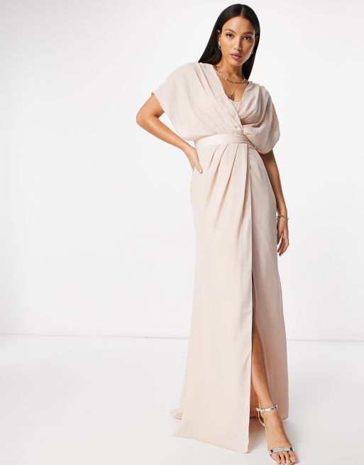ASOS DESIGN Tall - Vestito lungo a maniche corte da damigella con scollo ad anello e bottoni sul retro, 4 di 4