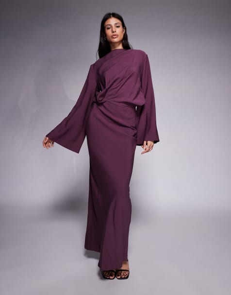 ASOS DESIGN Tall - Vestito lungo a maniche lunghe color prugna raccolto in vita con taglio sbieco - view 1