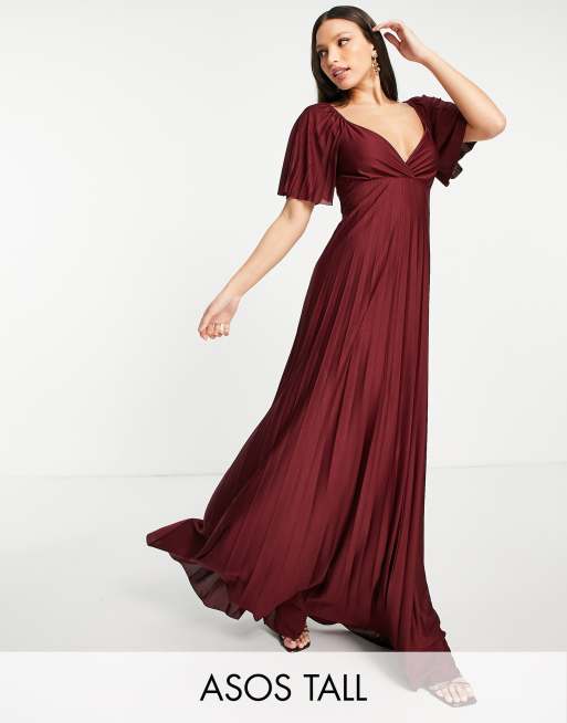 ASOS DESIGN Tall - Vestito lungo a pieghe incrociato sul retro con maniche ad aletta, colore rosso scuro